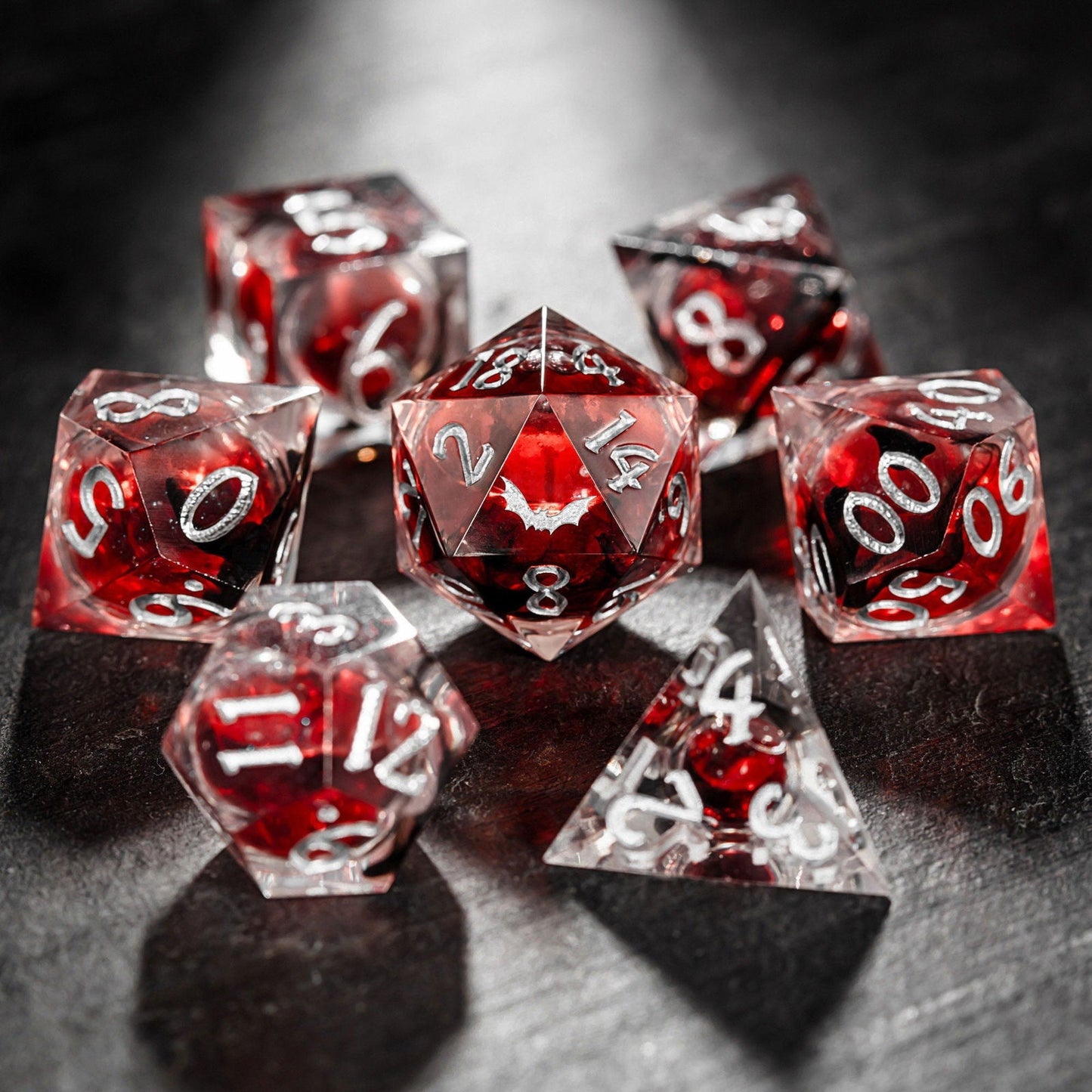 Blood Red Liquid Core Resin Dice Bat DnD D&D D20 Necklace - CrystalMaggie