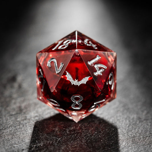 Blood Red Liquid Core Resin Dice Bat DnD D&D Dice Set - CrystalMaggie