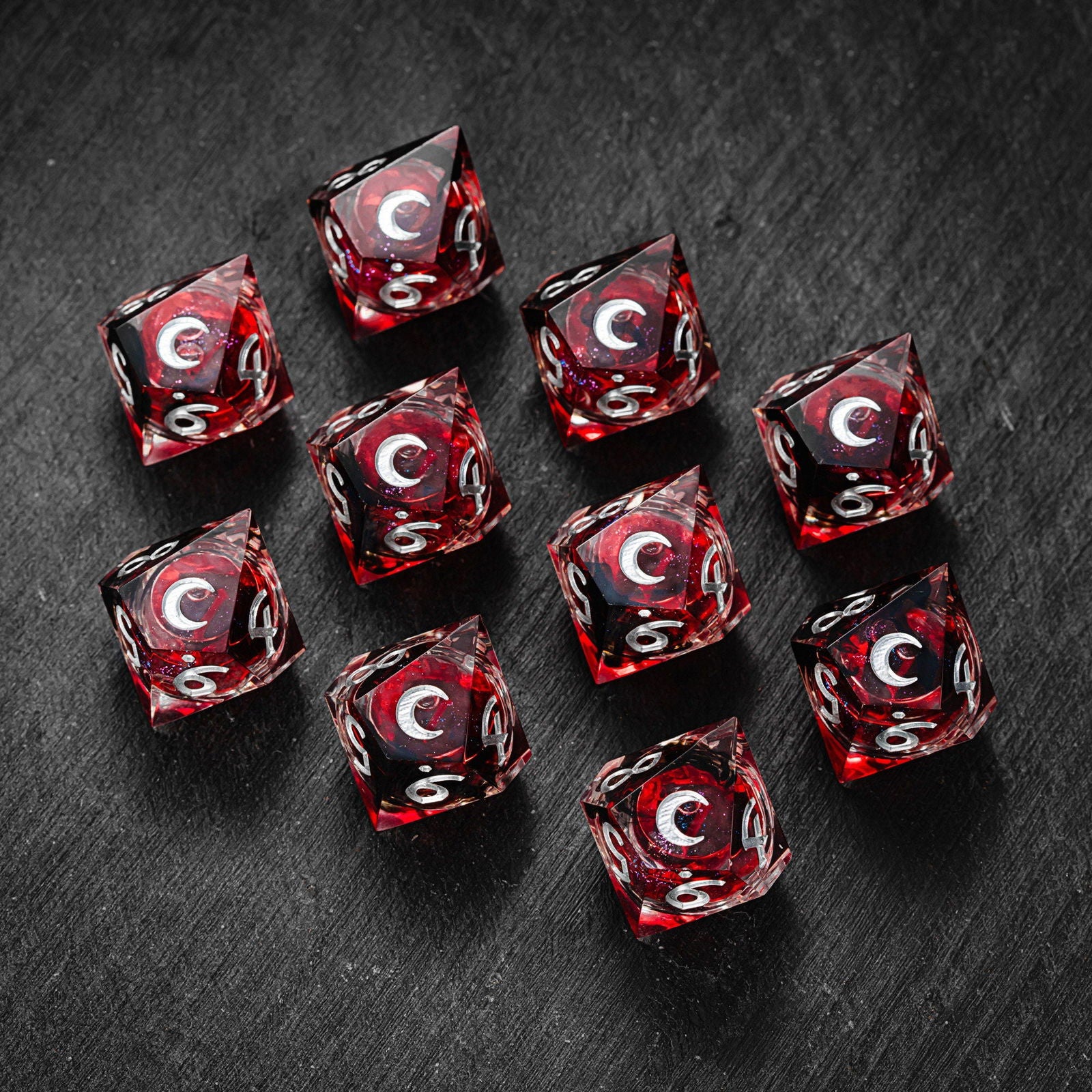 Blood Red Liquid Core Resin Moon Vampire Dice D10 - CrystalMaggie