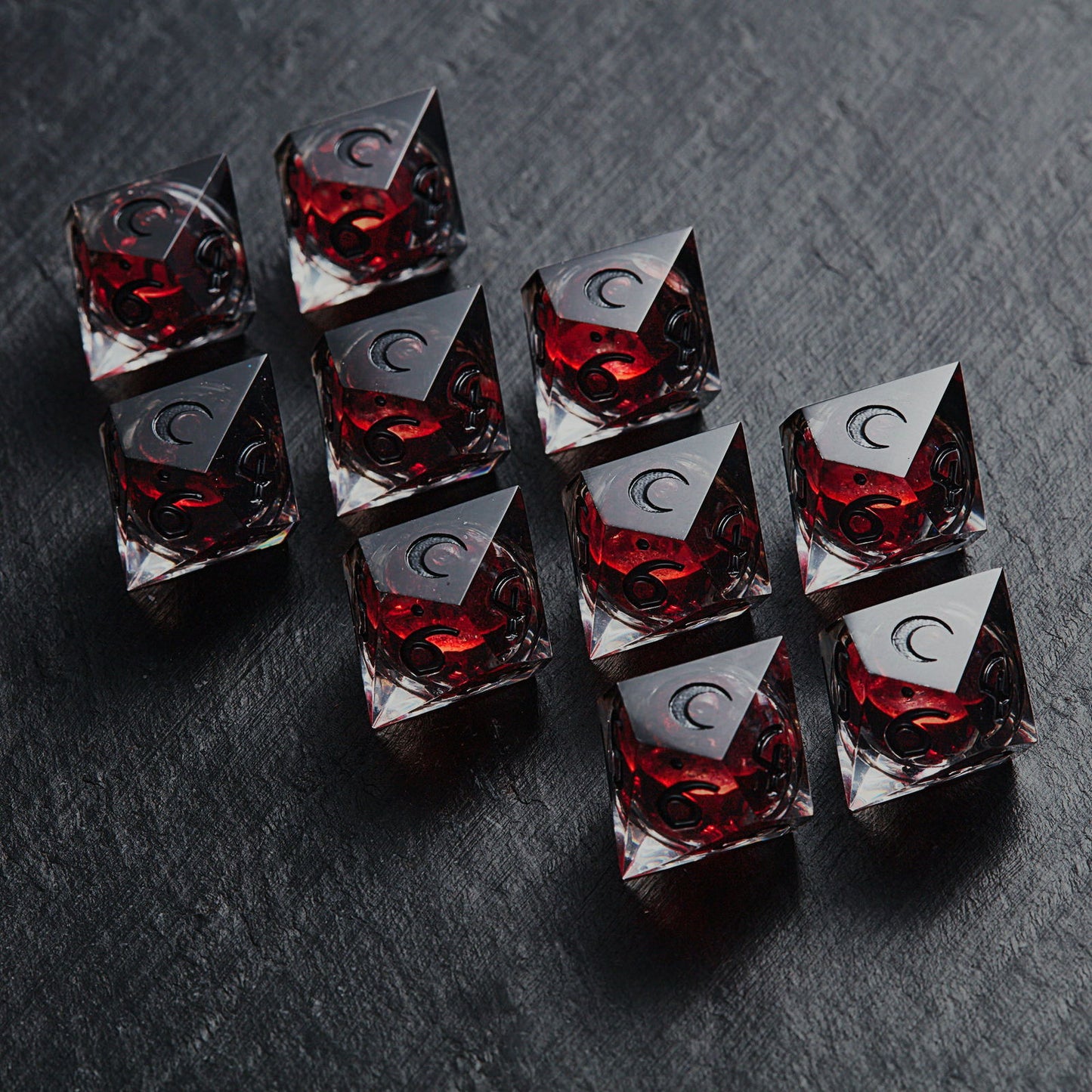 Blood Red Liquid Core Resin Moon Vampire Dice D10 - CrystalMaggie