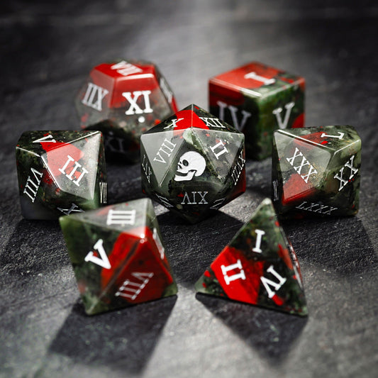 Bloodstone Gemstone Roman Numeral Dice Skull DnD D&D Dice Set - CrystalMaggie