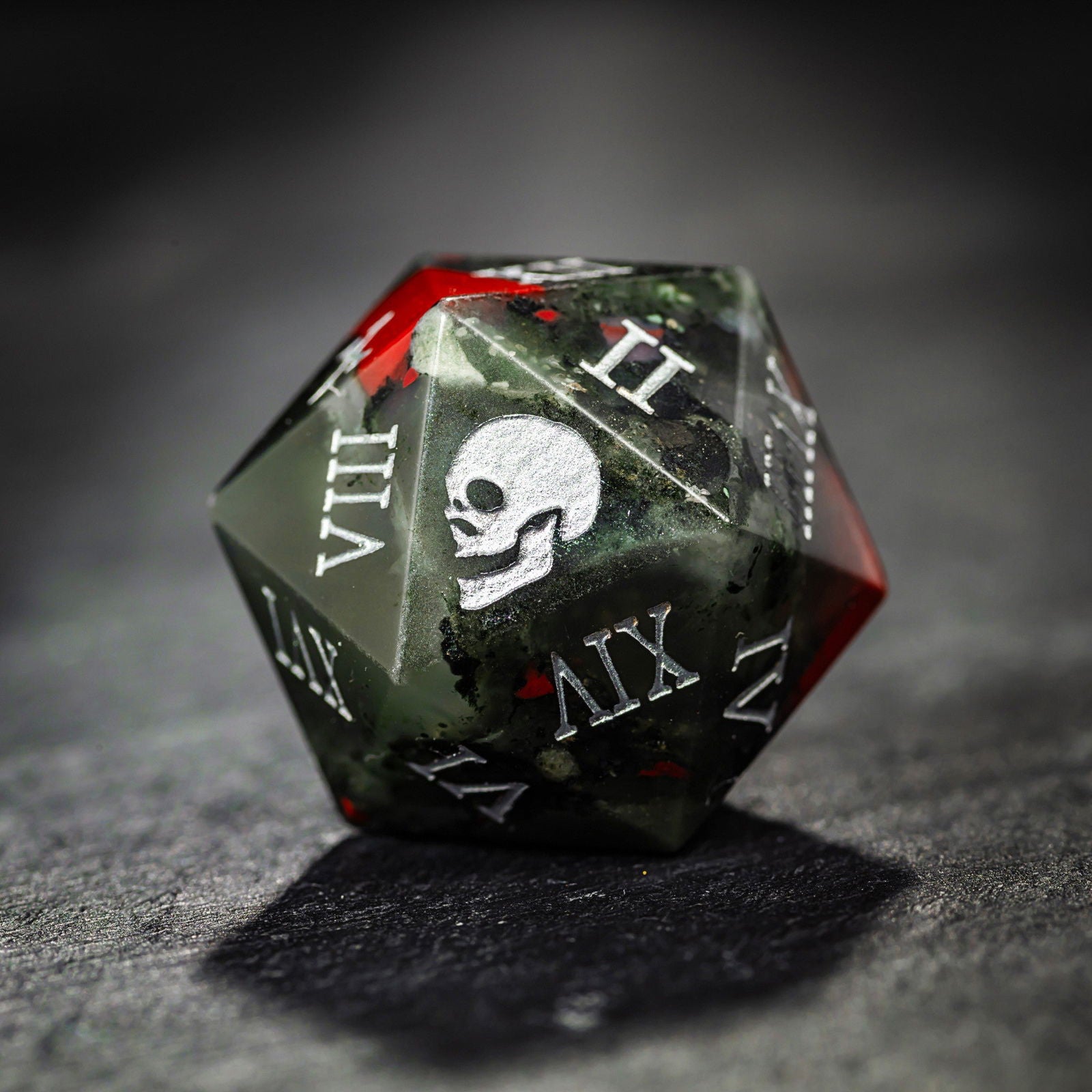 Bloodstone Gemstone Roman Numeral Dice Skull DnD D&D Dice Set - CrystalMaggie