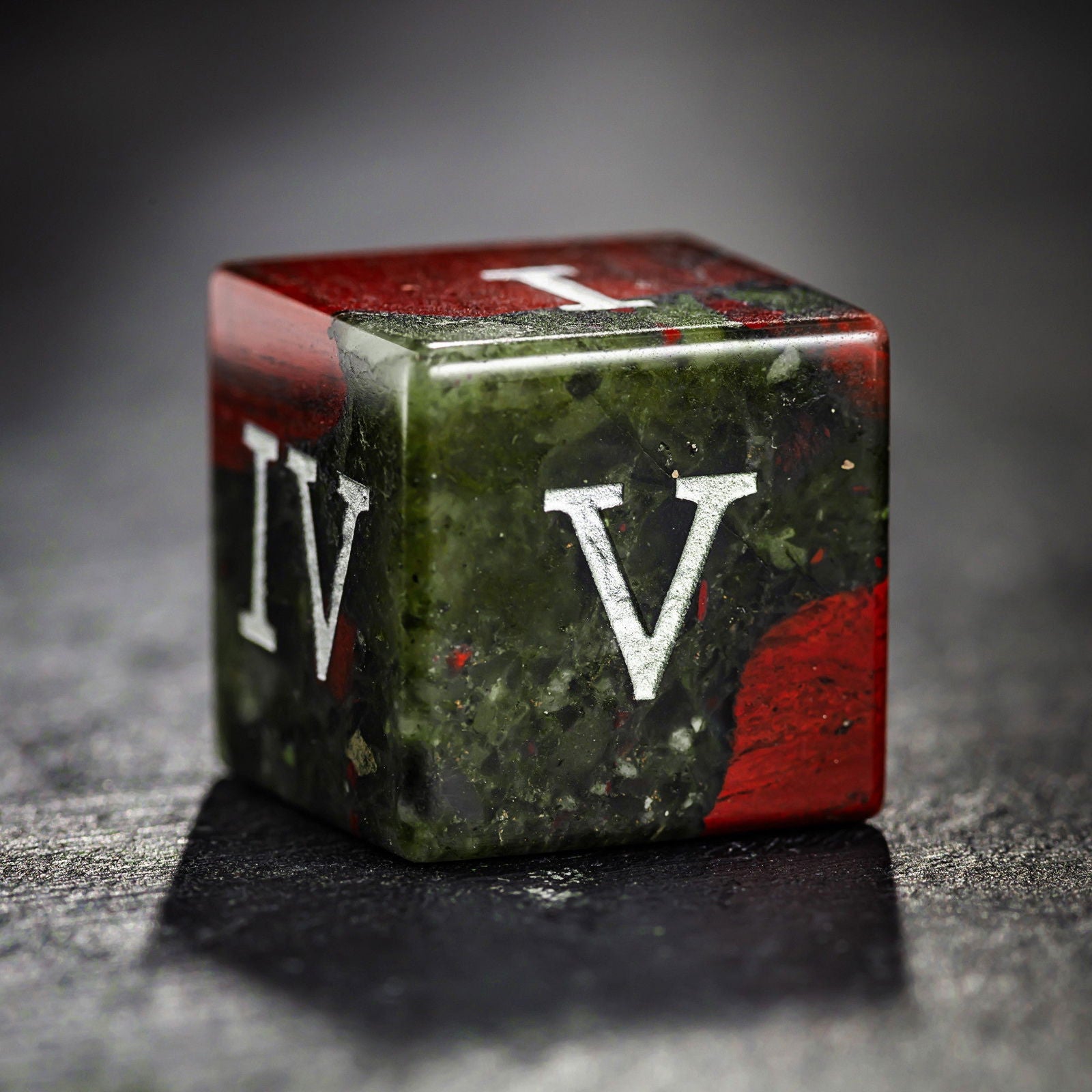 Bloodstone Gemstone Roman Numeral Dice Skull DnD D&D Dice Set - CrystalMaggie