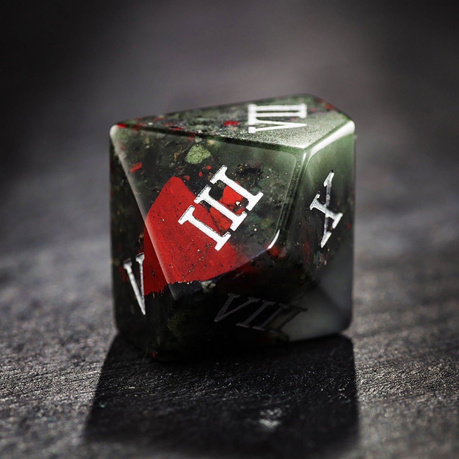 Bloodstone Gemstone Roman Numeral Dice Skull DnD D&D Dice Set - CrystalMaggie