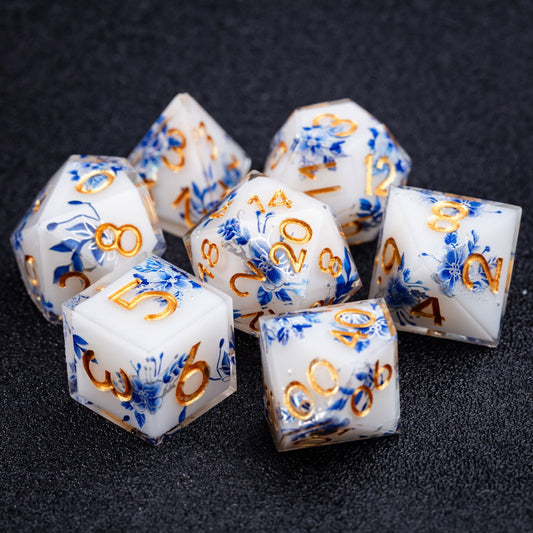 Blue Flower Resin DnD D&D Dice Set - CrystalMaggie