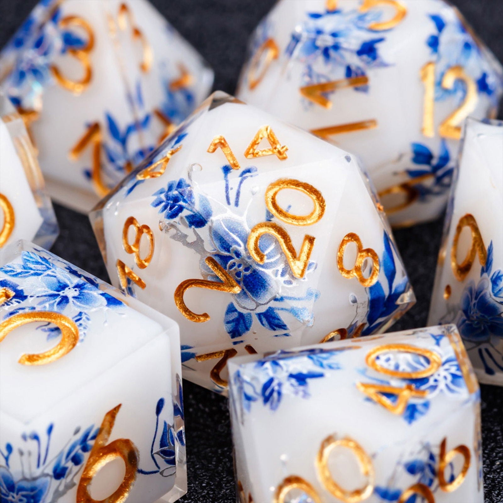 Blue Flower Resin DnD D&D Dice Set - CrystalMaggie