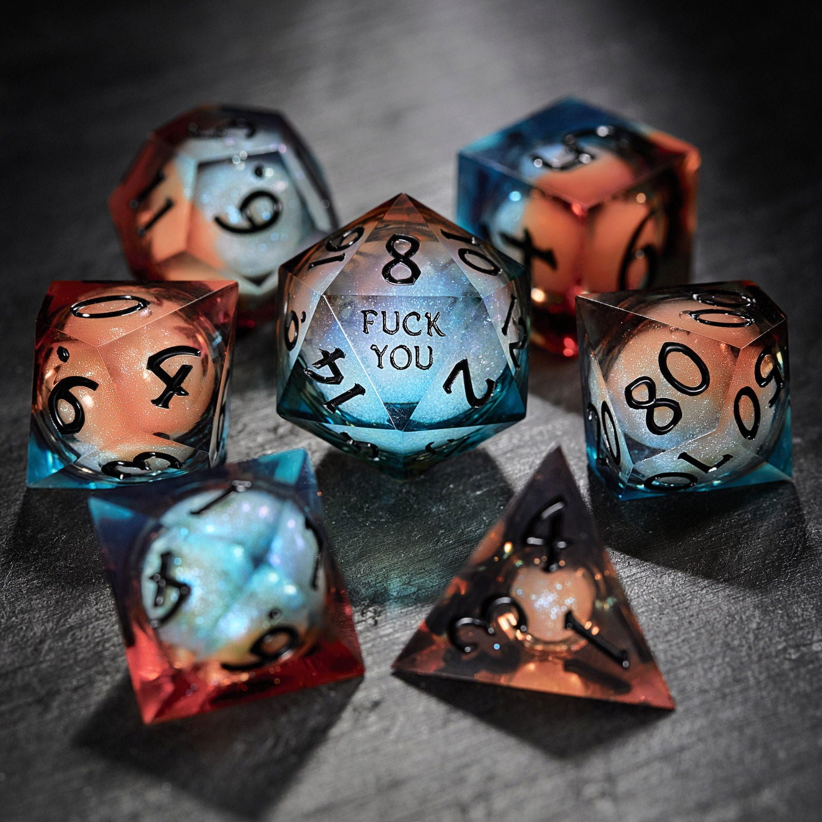 Blue Galaxy Liquid Core Resin F Word DnD D&D Dice Set - CrystalMaggie