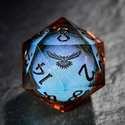 Blue Galaxy Liquid Core Resin Owl DnD D&D Dice Set - CrystalMaggie