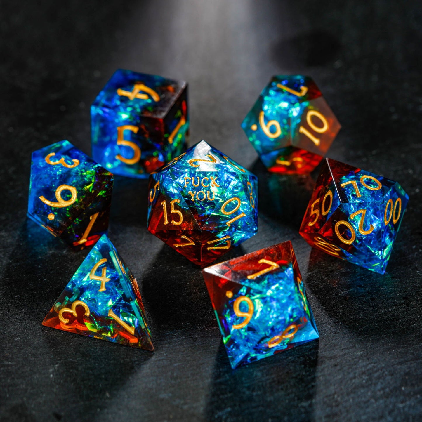 Blue Galaxy Resin F Word DnD D&D Dice Set - CrystalMaggie