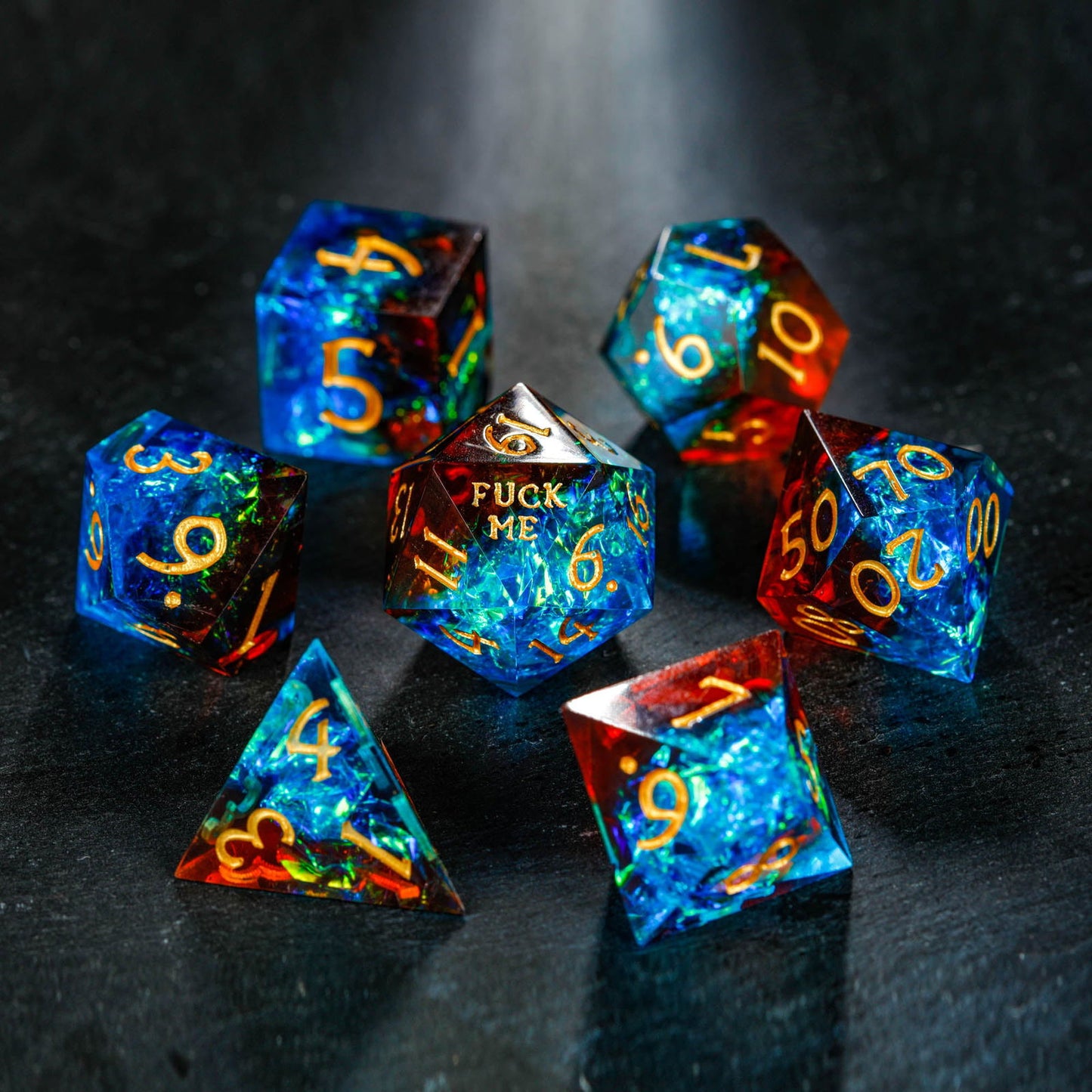 Blue Galaxy Resin F Word DnD D&D Dice Set - CrystalMaggie