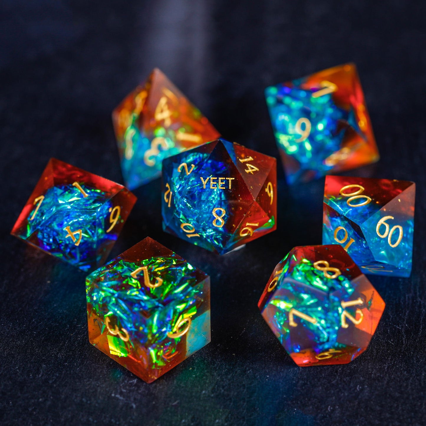 Blue Galaxy Resin YEET F*CK DnD D&D Dice Set - CrystalMaggie