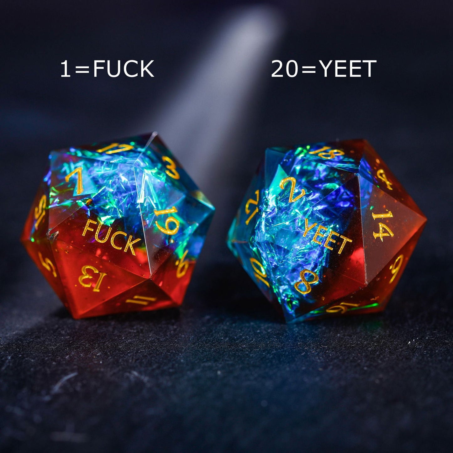 Blue Galaxy Resin YEET F*CK DnD D&D Dice Set - CrystalMaggie