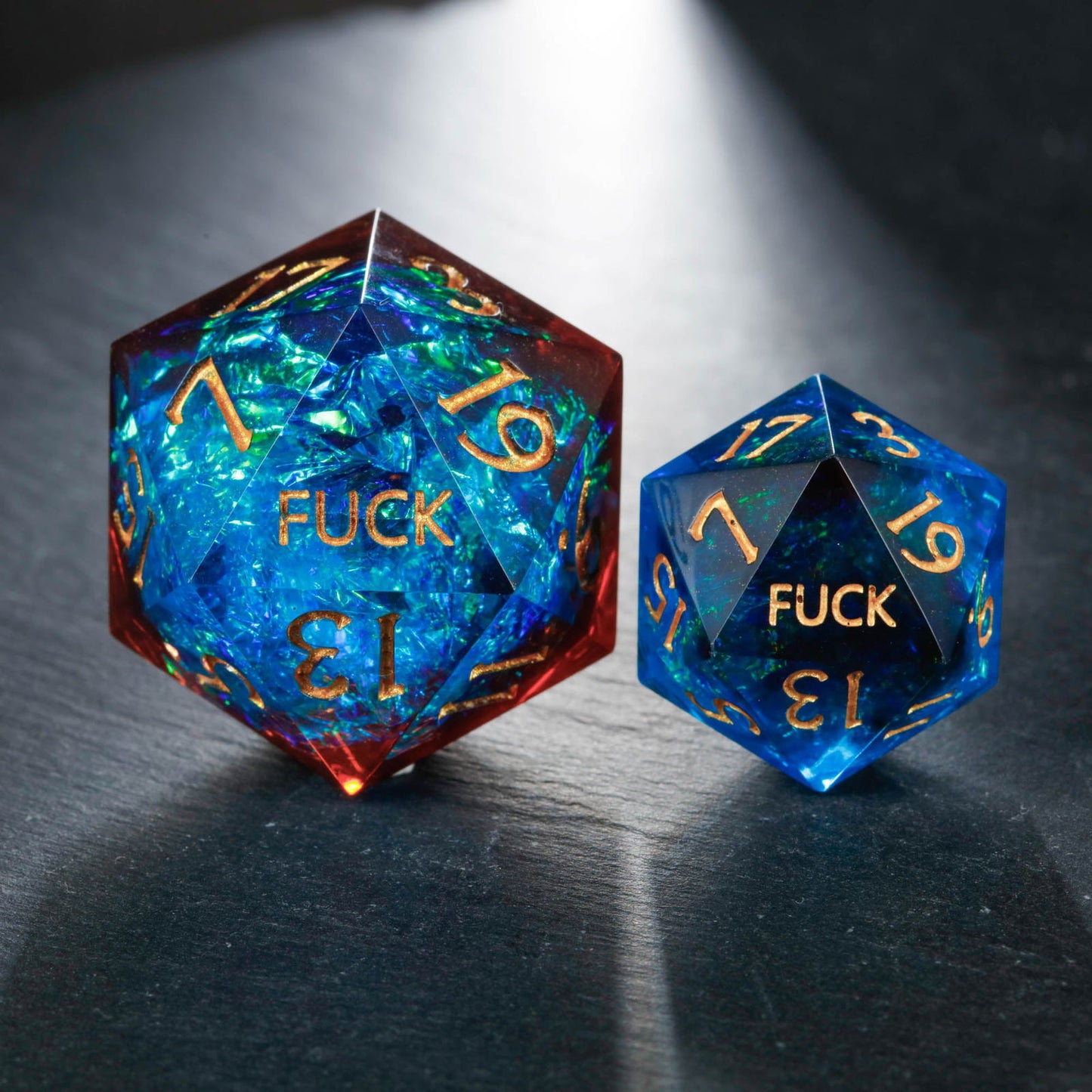 Blue Galaxy Resin YEET F*CK DnD D&D Dice Set - CrystalMaggie