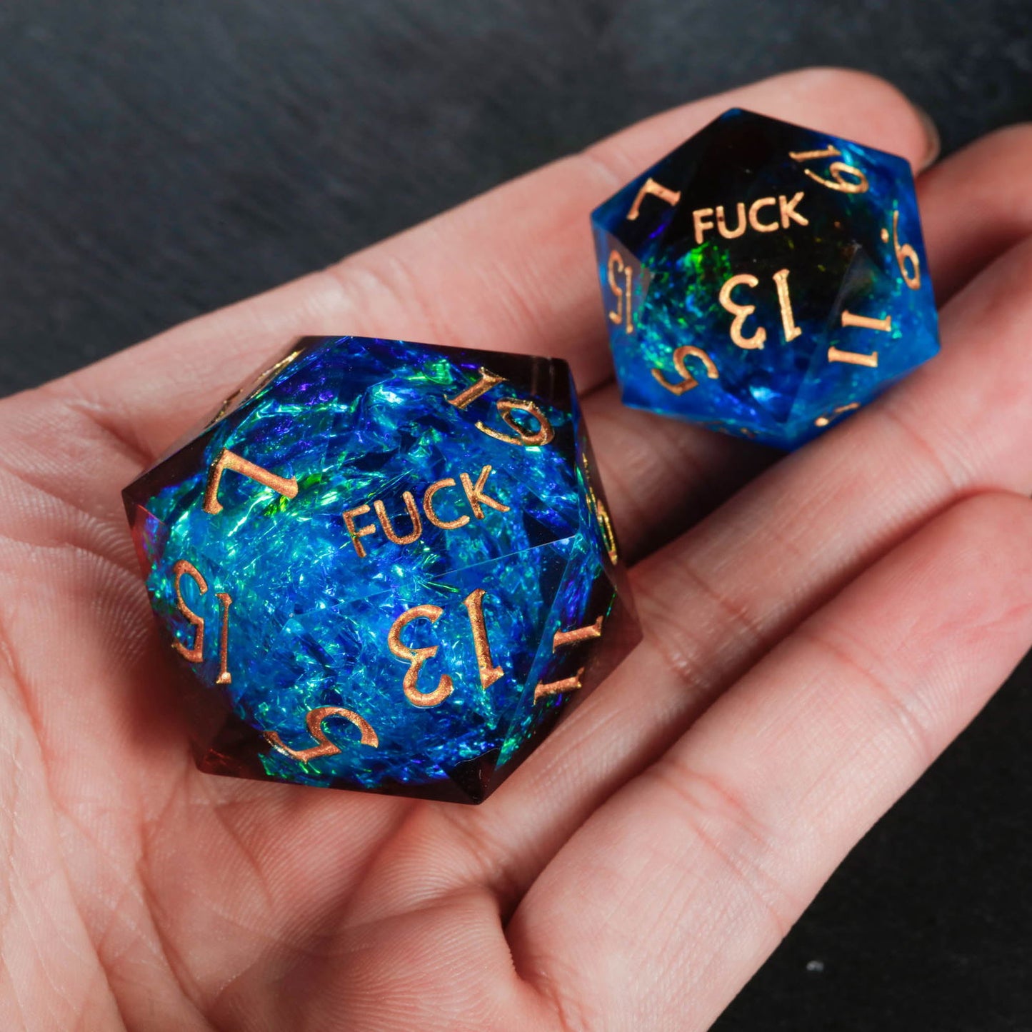 Blue Galaxy Resin YEET F*CK DnD D&D Dice Set - CrystalMaggie