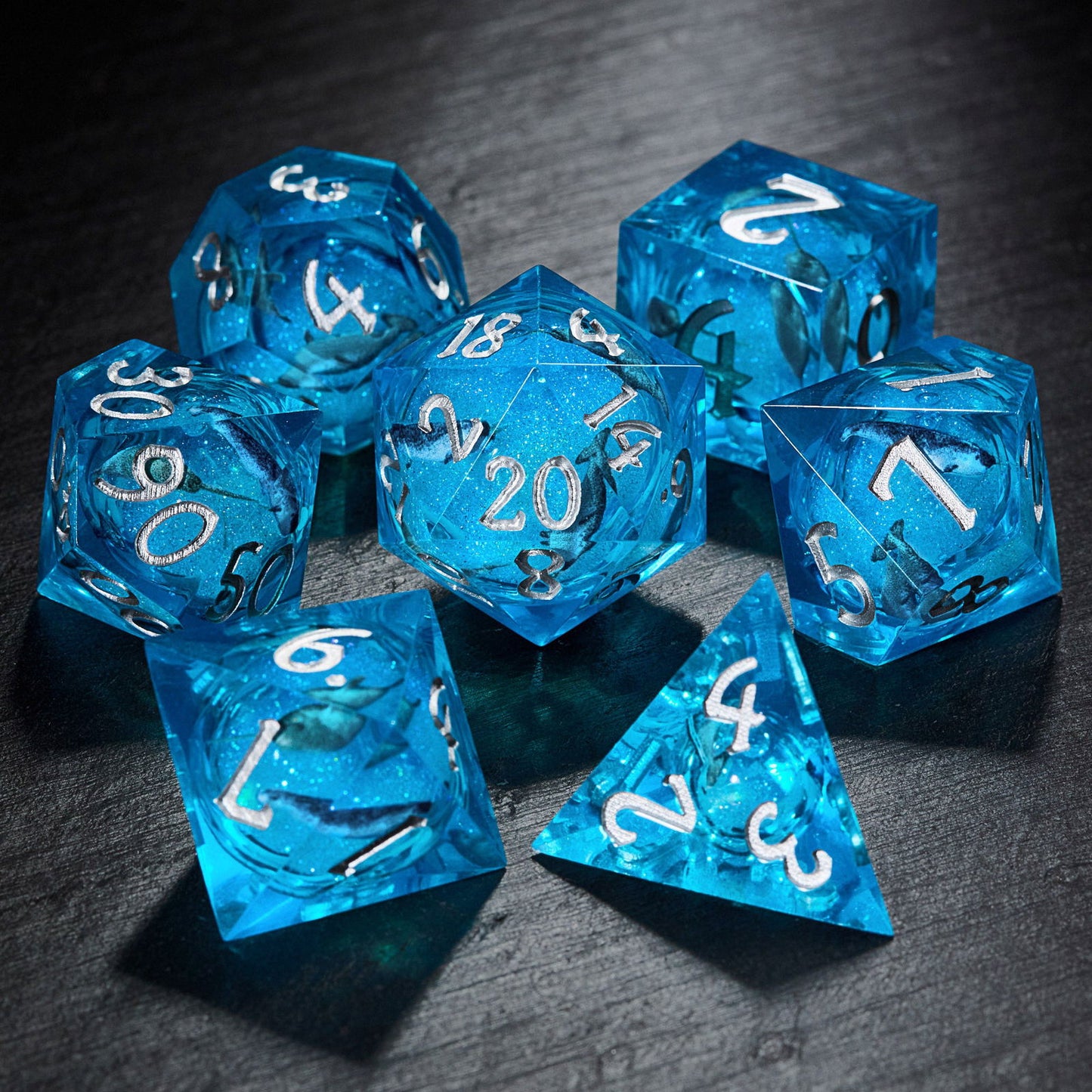 Blue Ocean Whale Dream Liquid Core Resin DnD D&D Dice Set - CrystalMaggie