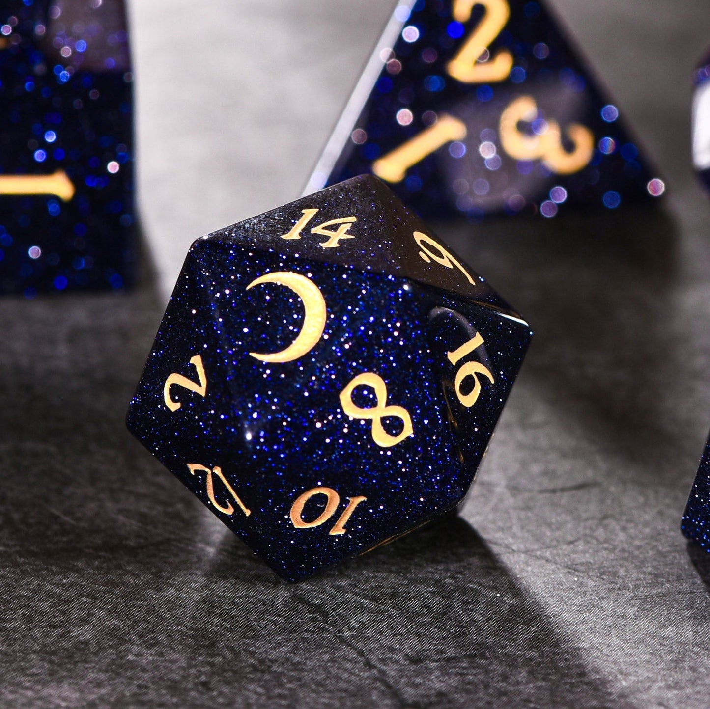 Blue Sandstone Gemstone Galaxy Dice Moon DnD D&D Dice Set - CrystalMaggie