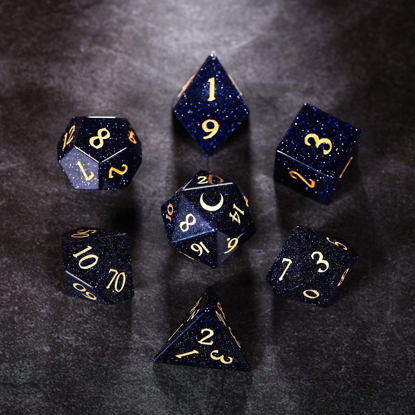 Blue Sandstone Gemstone Galaxy Dice Moon DnD D&D Dice Set - CrystalMaggie