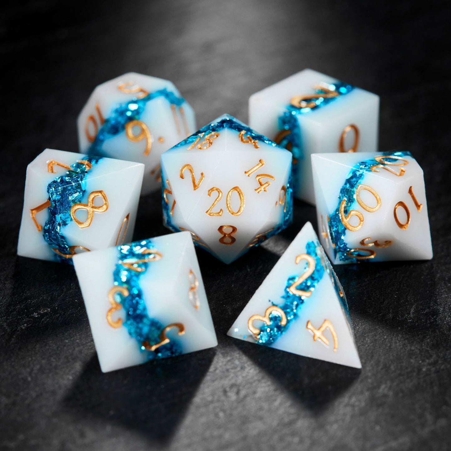 Blue Tinsel Resin DnD D&D Dice Set - CrystalMaggie