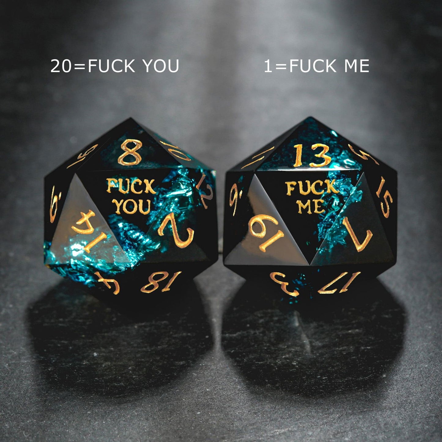 Blue Tinsel Resin F Word DnD D&D Dice D20 Necklace - CrystalMaggie