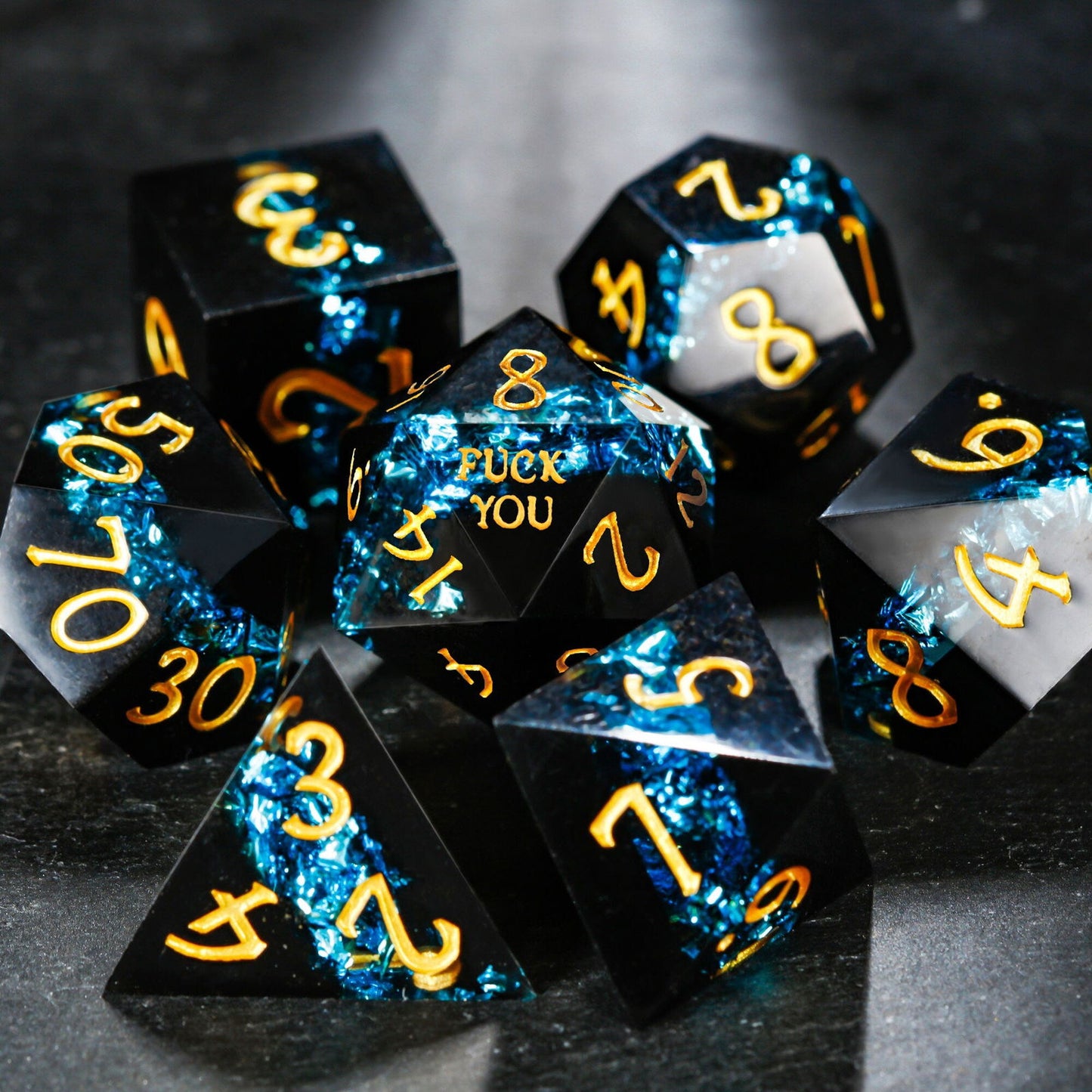 Blue Tinsel Resin F Word DnD D&D Dice D20 Necklace - CrystalMaggie