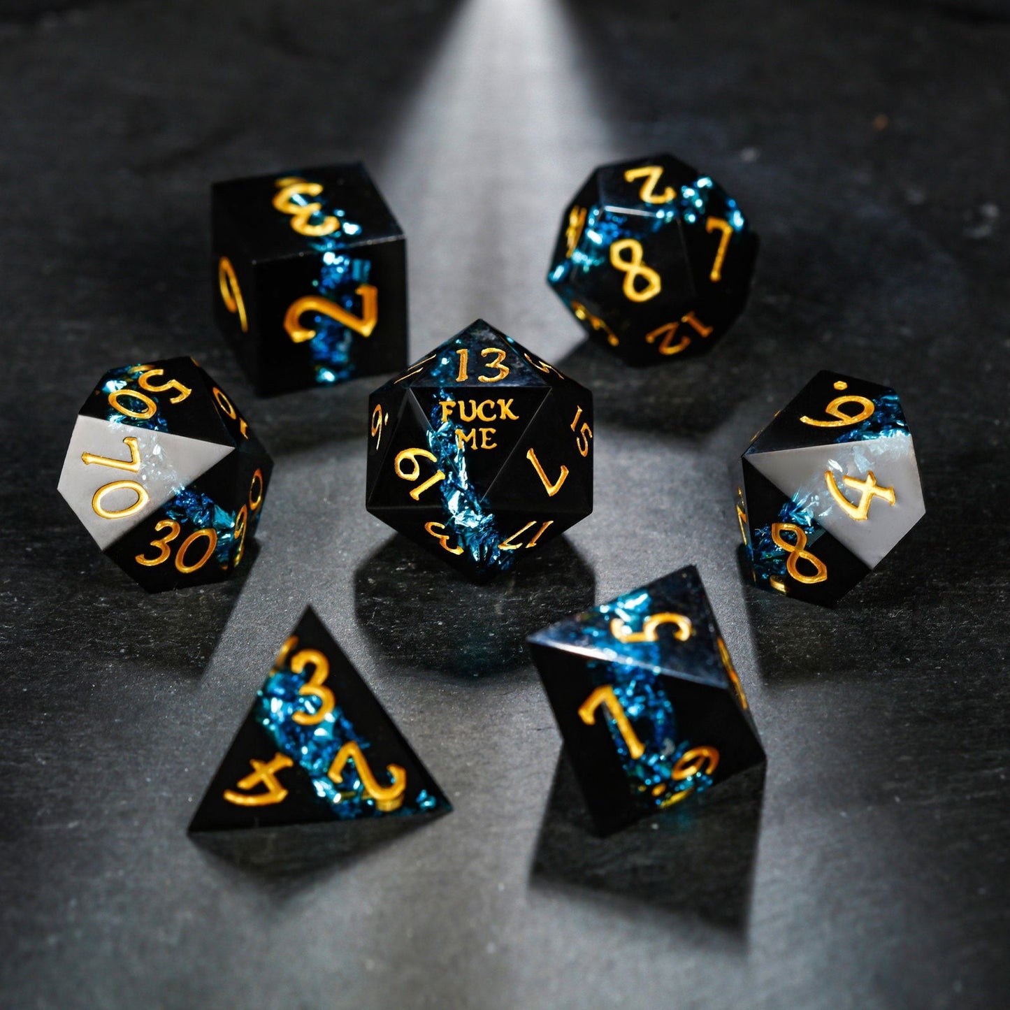 Blue Tinsel Resin F Word DnD D&D Dice D20 Necklace - CrystalMaggie