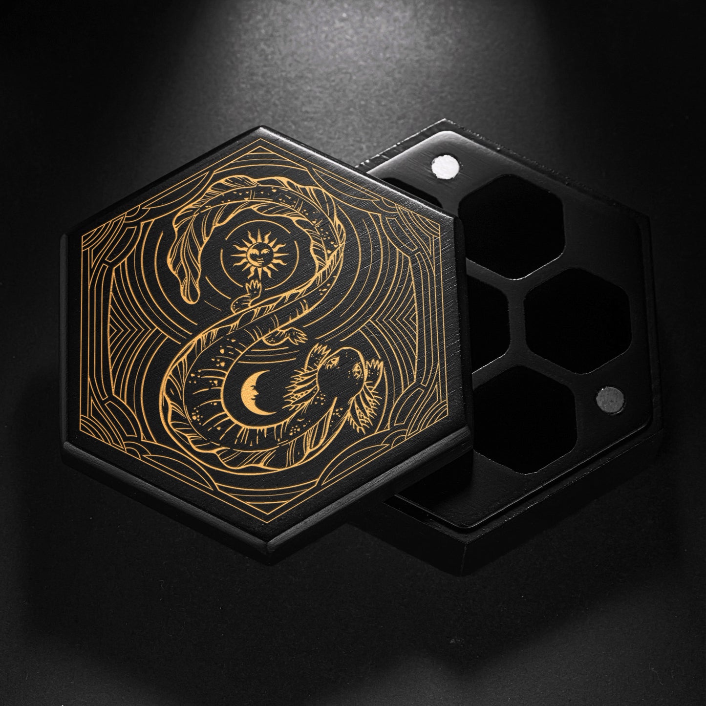 Black Wood Sun and Moon Salamander Motif DnD D&D Dice Box