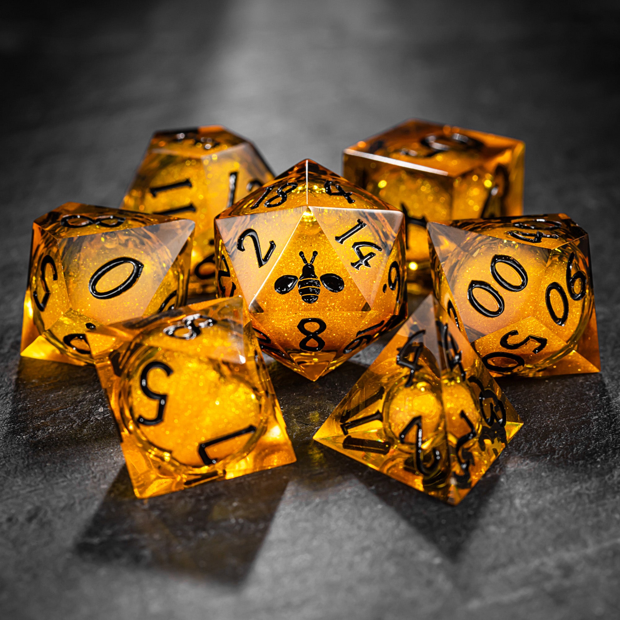 Yellow Sand Liquid Core Resin Bee DnD D&D Dice Set