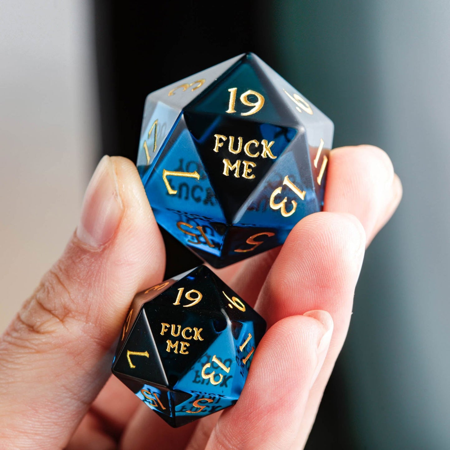 Dark Blue Glass F Word DnD D&D Dice Chonk D20 - CrystalMaggie