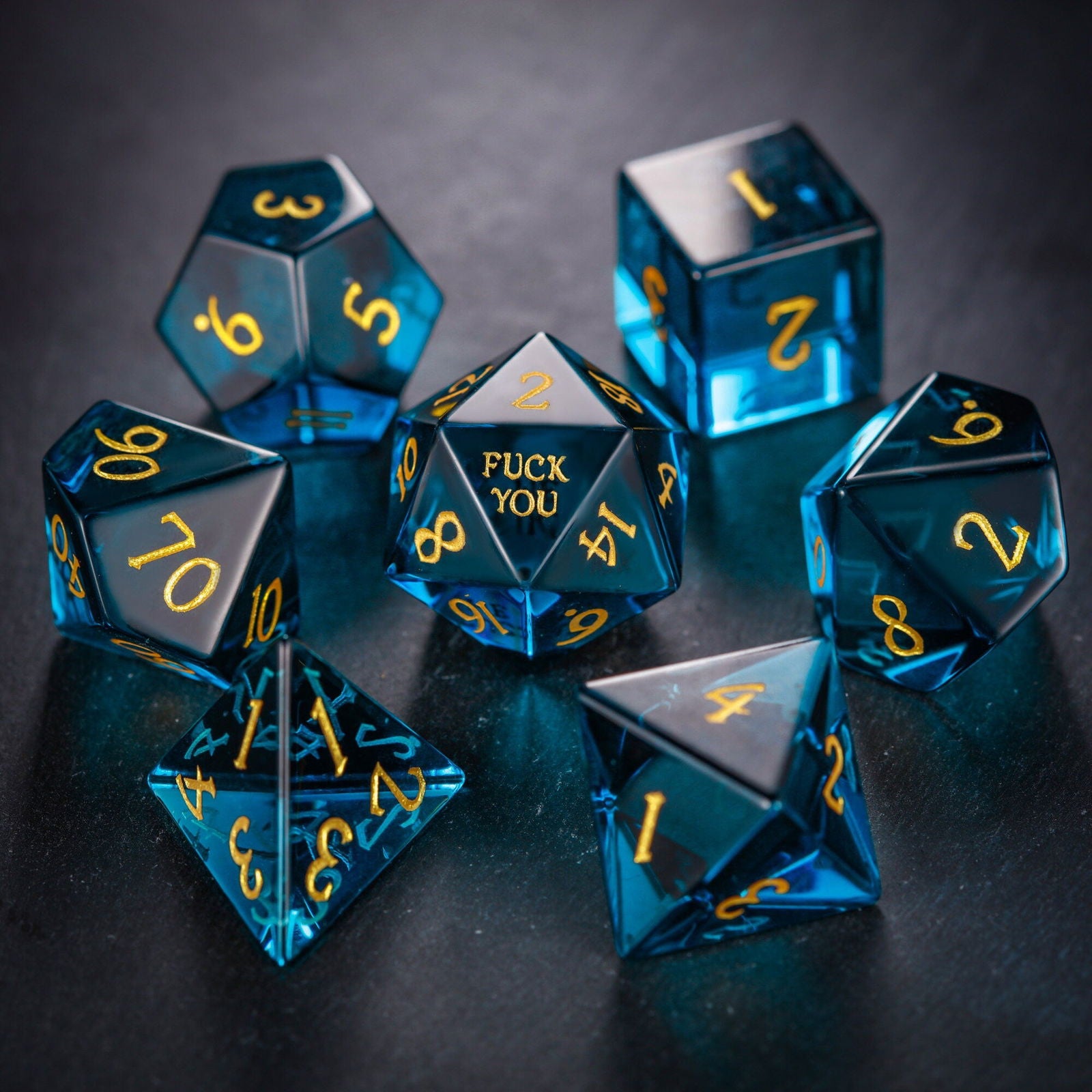 Dark Blue Glass F Word DnD D&D Dice Chonk D20 - CrystalMaggie