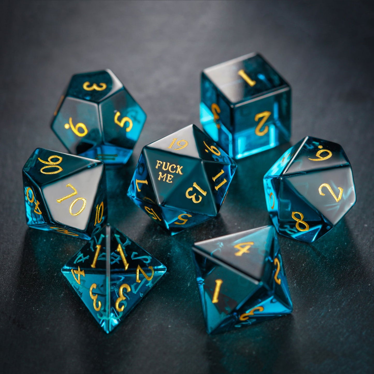 Dark Blue Glass F Word DnD D&D Dice Set - CrystalMaggie