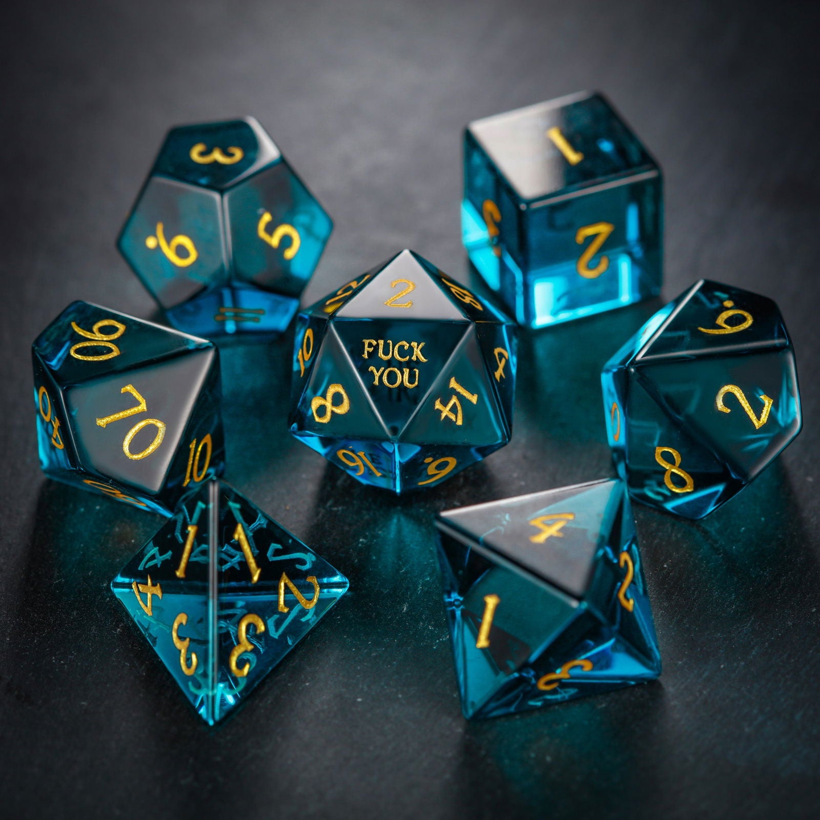 Dark Blue Glass F Word DnD D&D Dice Set - CrystalMaggie