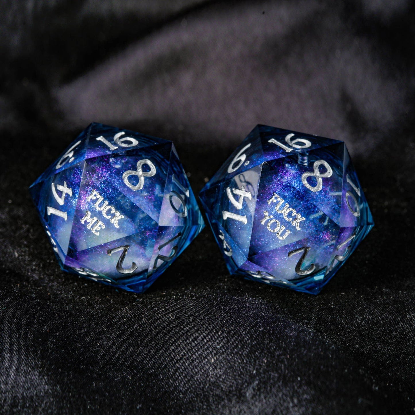 Dark Blue Liquid Core Resin Galaxy Dice F Word DnD D&D Dice Chonk D20 - CrystalMaggie