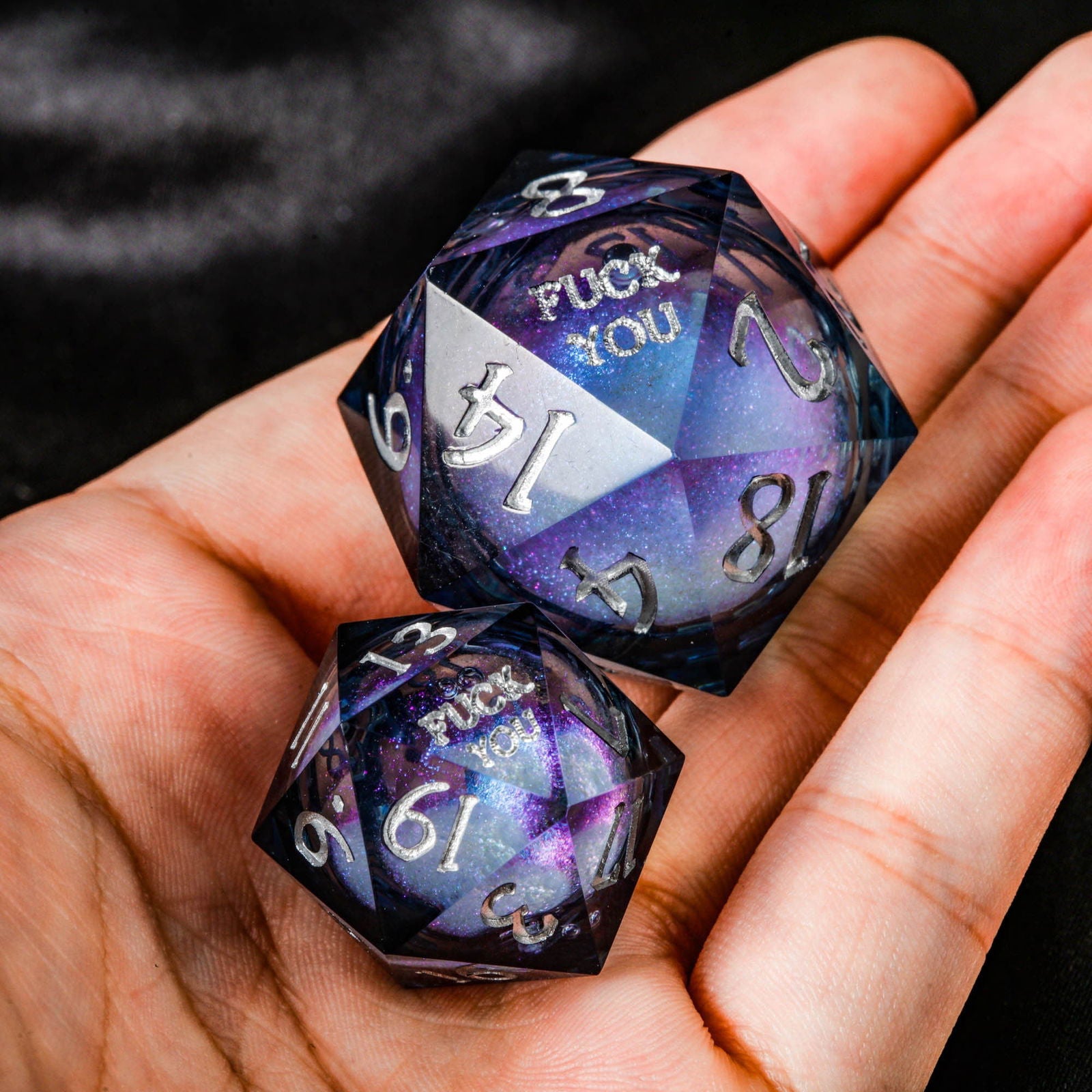 Dark Blue Liquid Core Resin Galaxy Dice F Word DnD D&D Dice Chonk D20 - CrystalMaggie