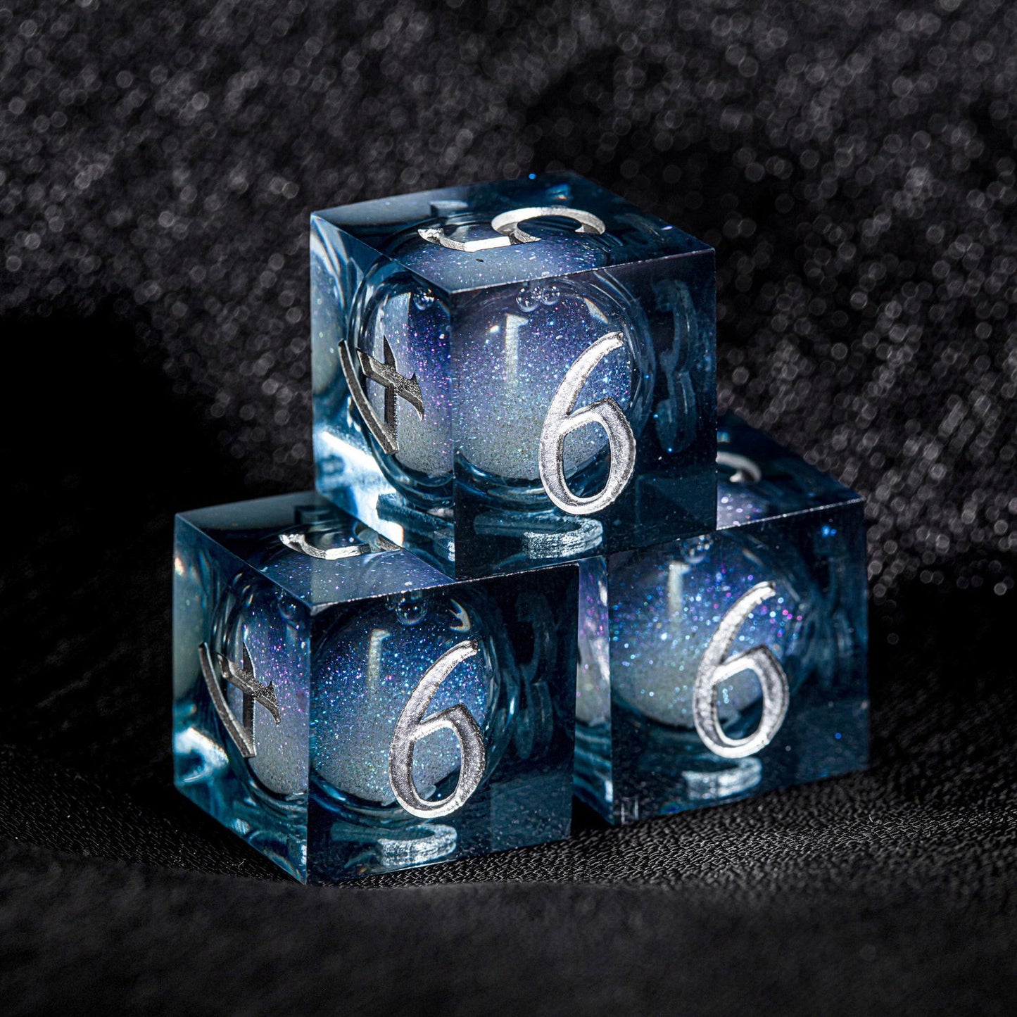 Dark Blue Liquid Core Resin Galaxy Dice F Word DnD D&D Dice Set - CrystalMaggie