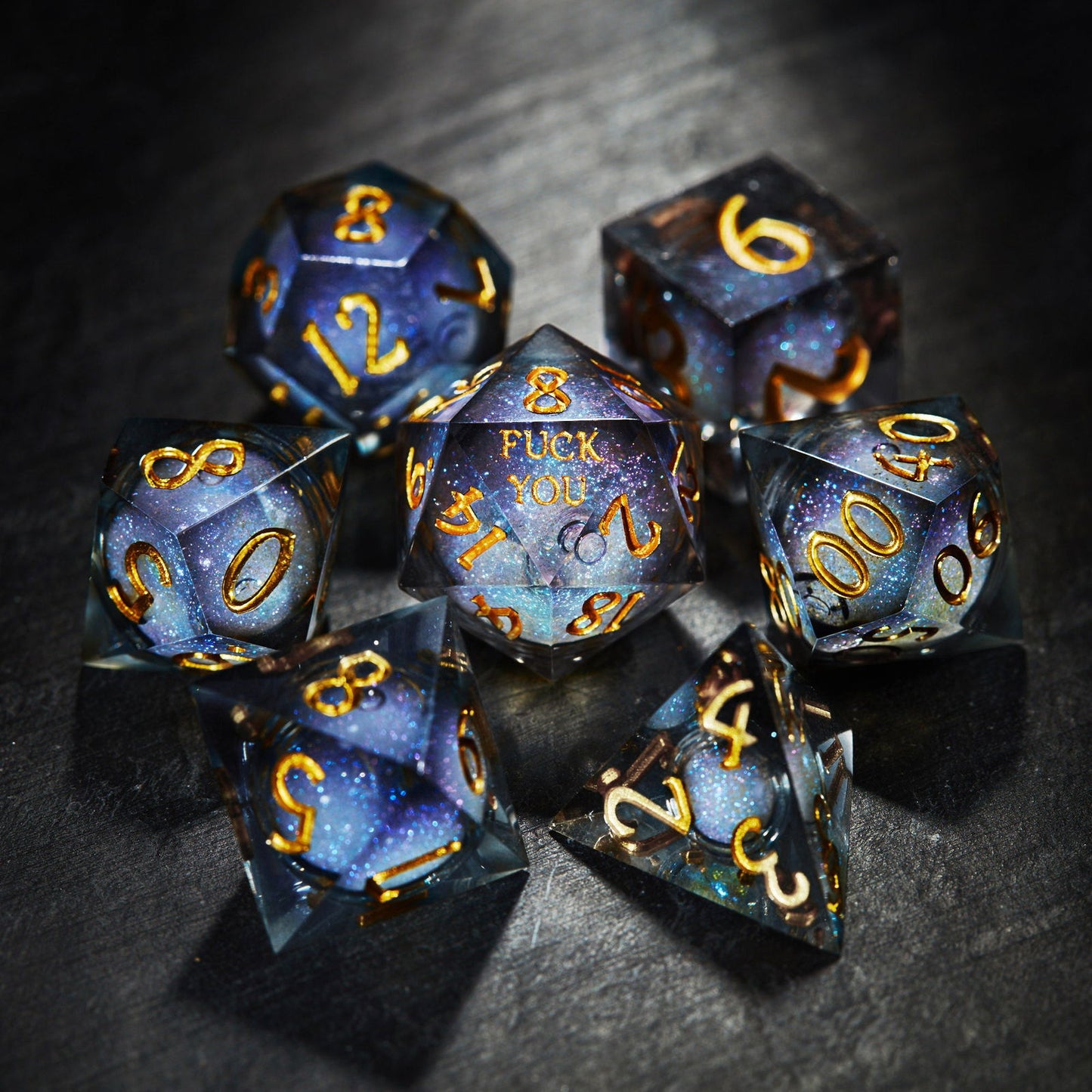 Dark Blue Liquid Core Resin Galaxy Dice F Word DnD D&D Dice Set - CrystalMaggie