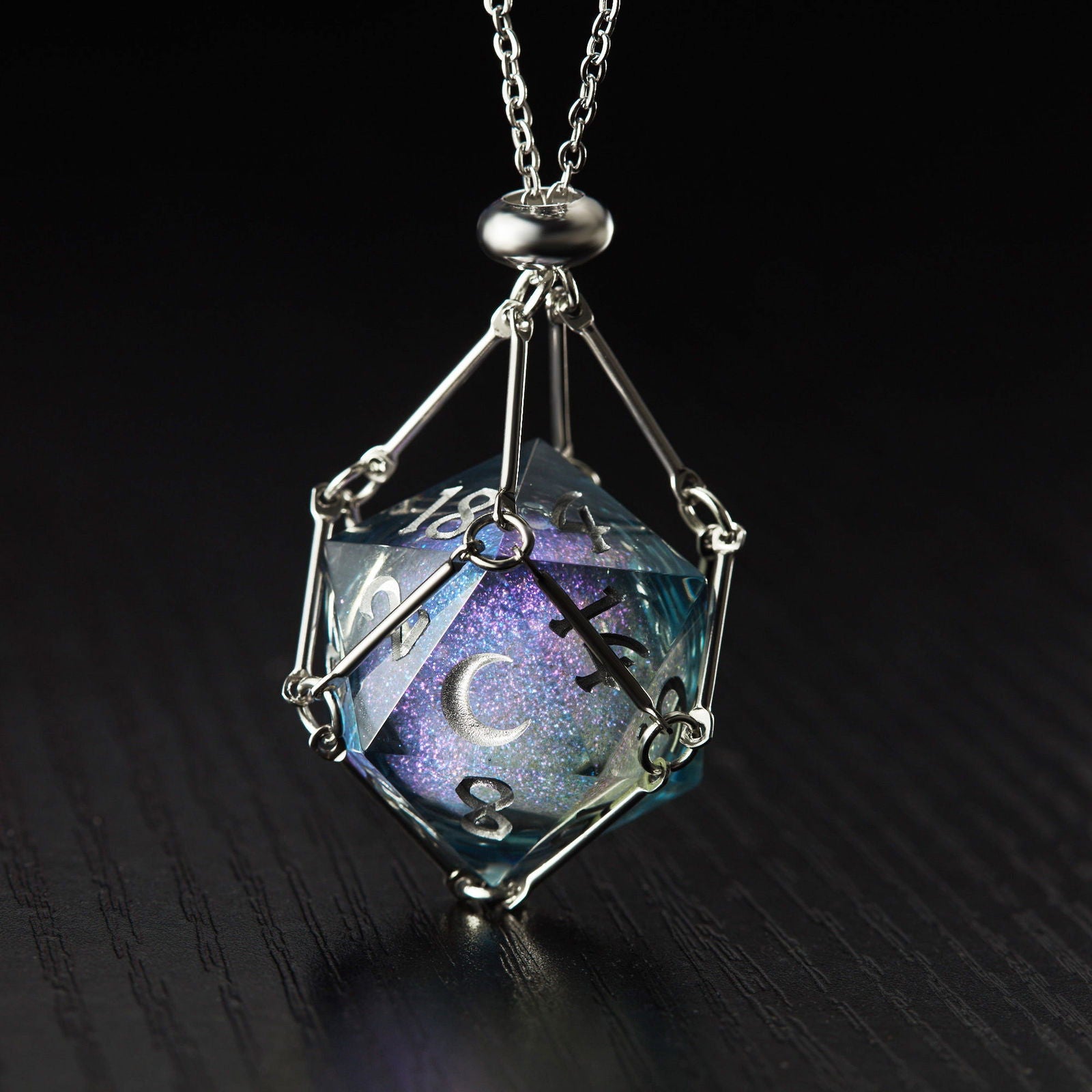 Dark Blue Liquid Core Resin Galaxy Dice Moon DnD D&D D20 Necklace - CrystalMaggie