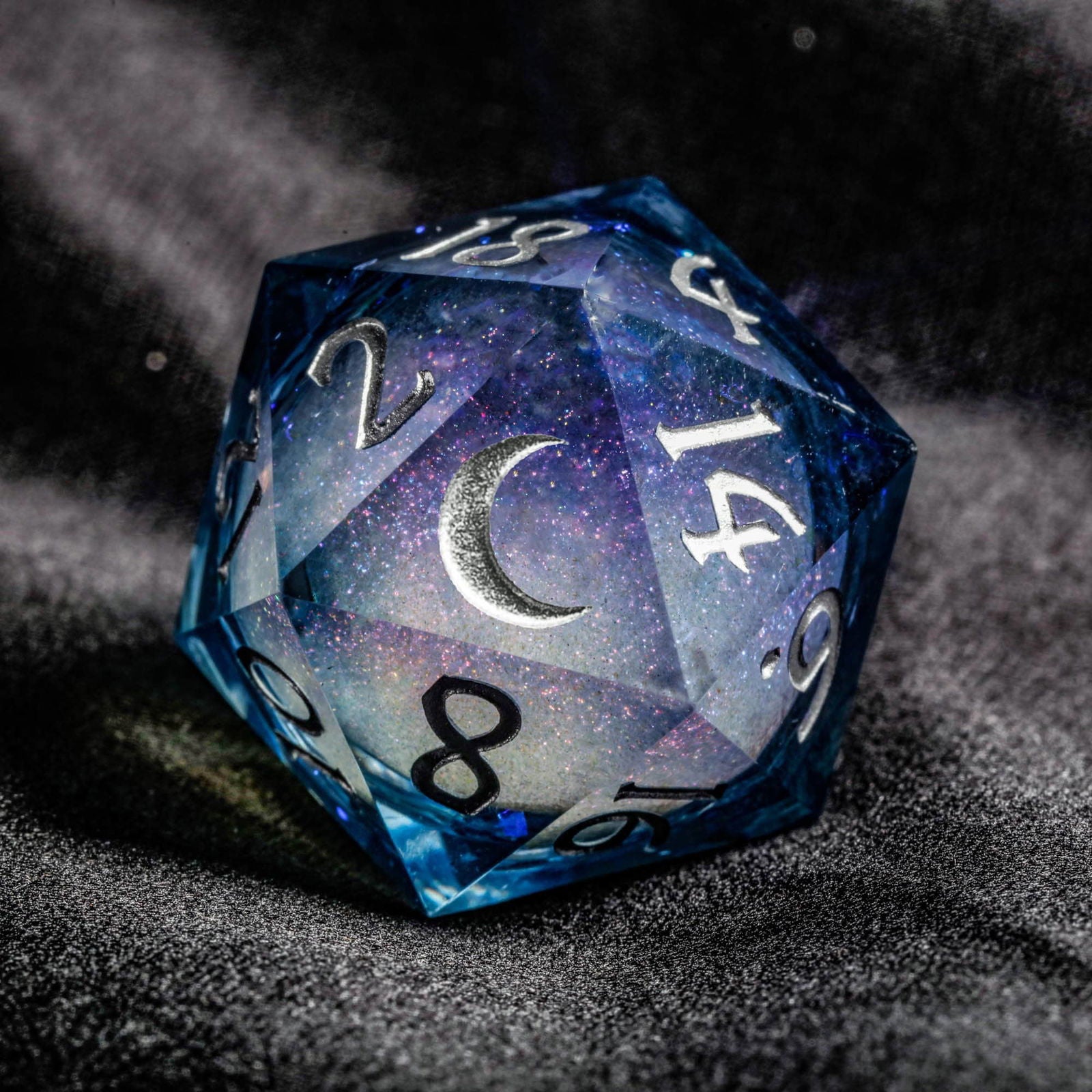 Dark Blue Liquid Core Resin Galaxy Dice Moon DnD D&D D20 Necklace - CrystalMaggie