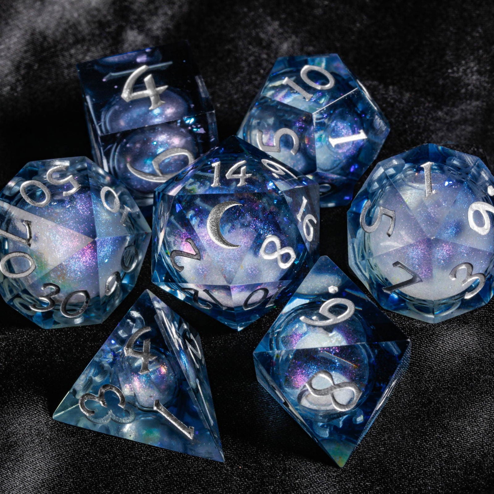 Dark Blue Liquid Core Resin Galaxy Dice Moon DnD D&D D20