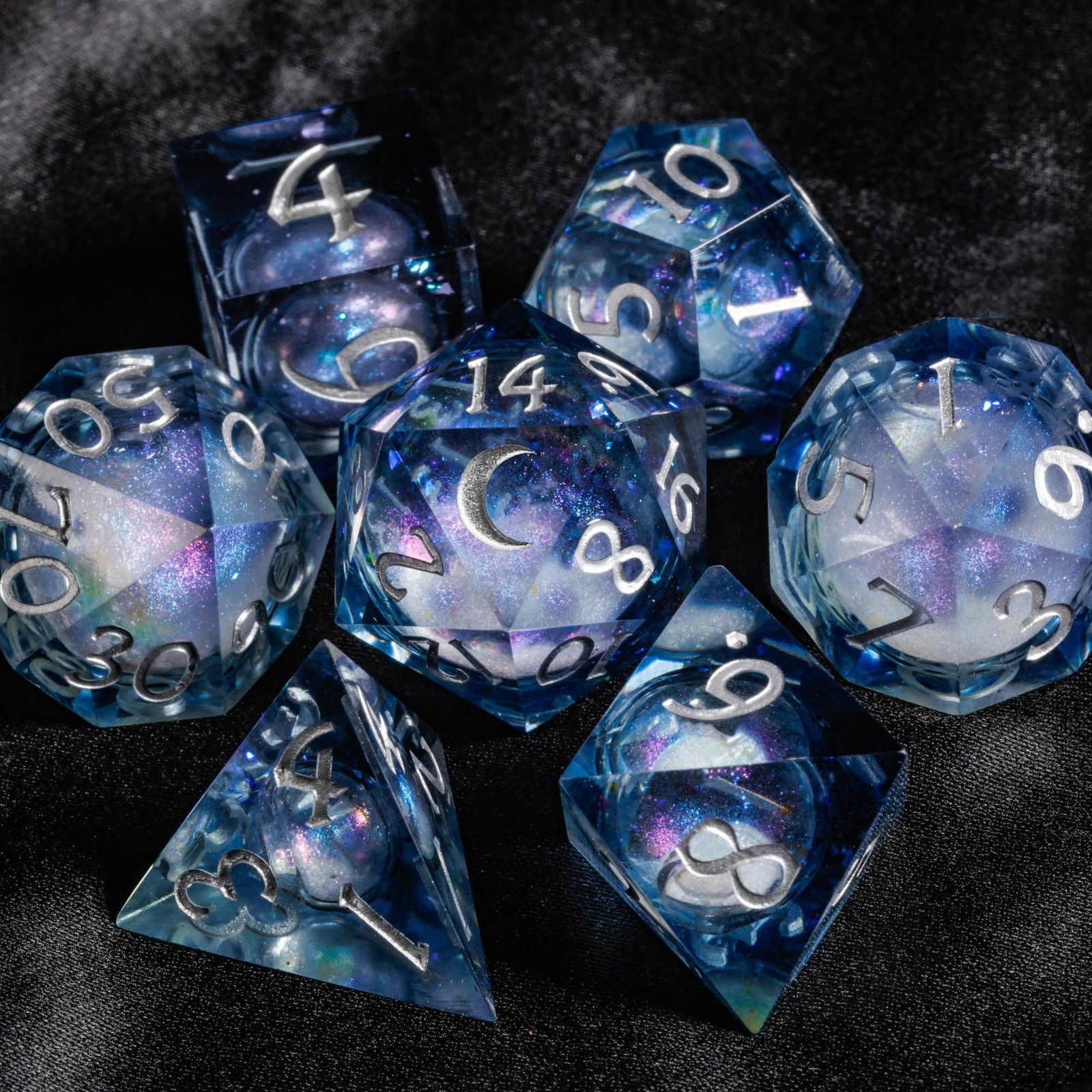 Dark Blue Liquid Core Resin Galaxy Dice Moon DnD D&D D20 Necklace - CrystalMaggie