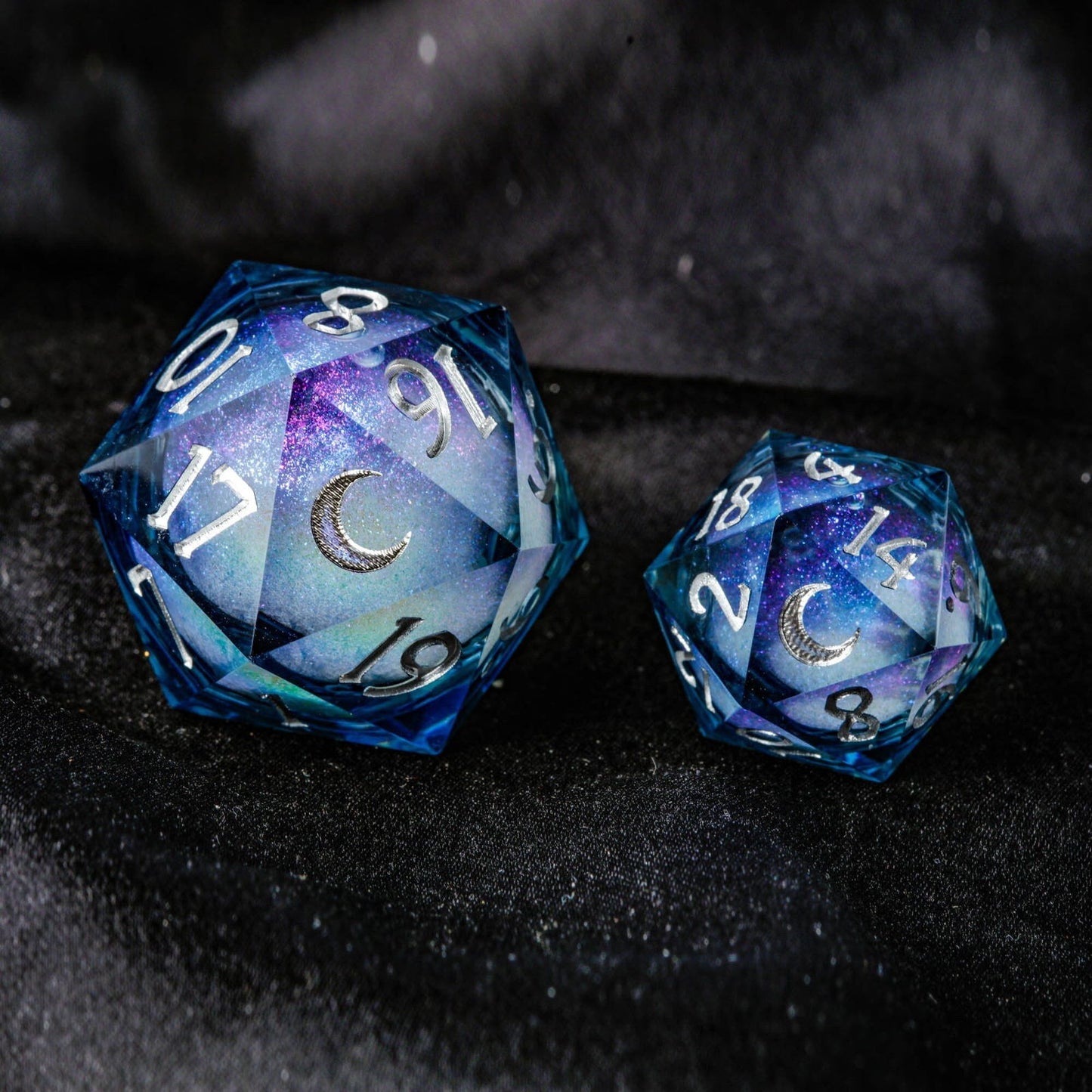 Dark Blue Liquid Core Resin Galaxy Dice Moon DnD D&D D20 Necklace - CrystalMaggie