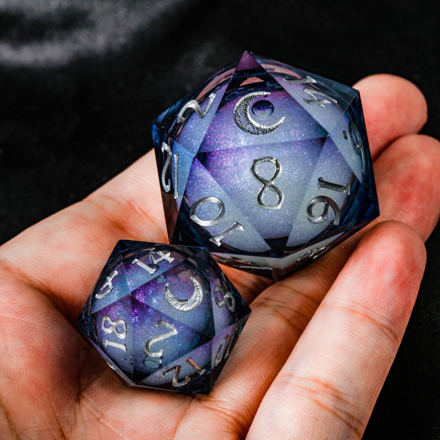 Dark Blue Liquid Core Resin Galaxy Dice Moon DnD D&D D20 Necklace - CrystalMaggie