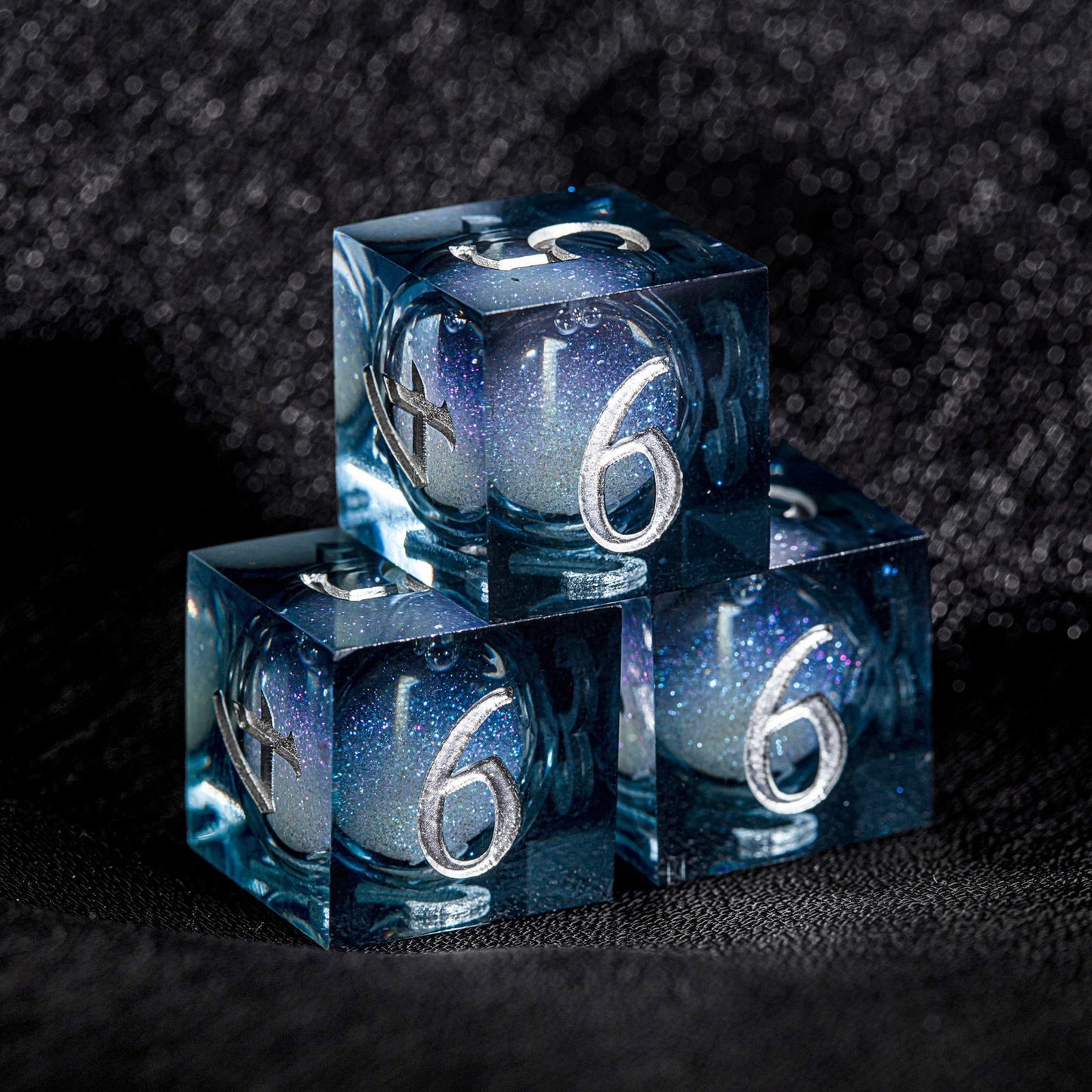 Dark Blue Liquid Core Resin Galaxy Dice Moon DnD D&D D20 Necklace - CrystalMaggie