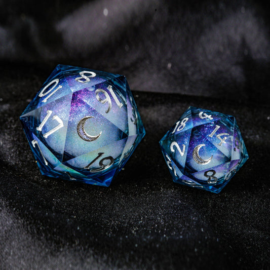 Dark Blue Liquid Core Resin Galaxy Dice Moon DnD D&D Dice Chonk D20 - CrystalMaggie