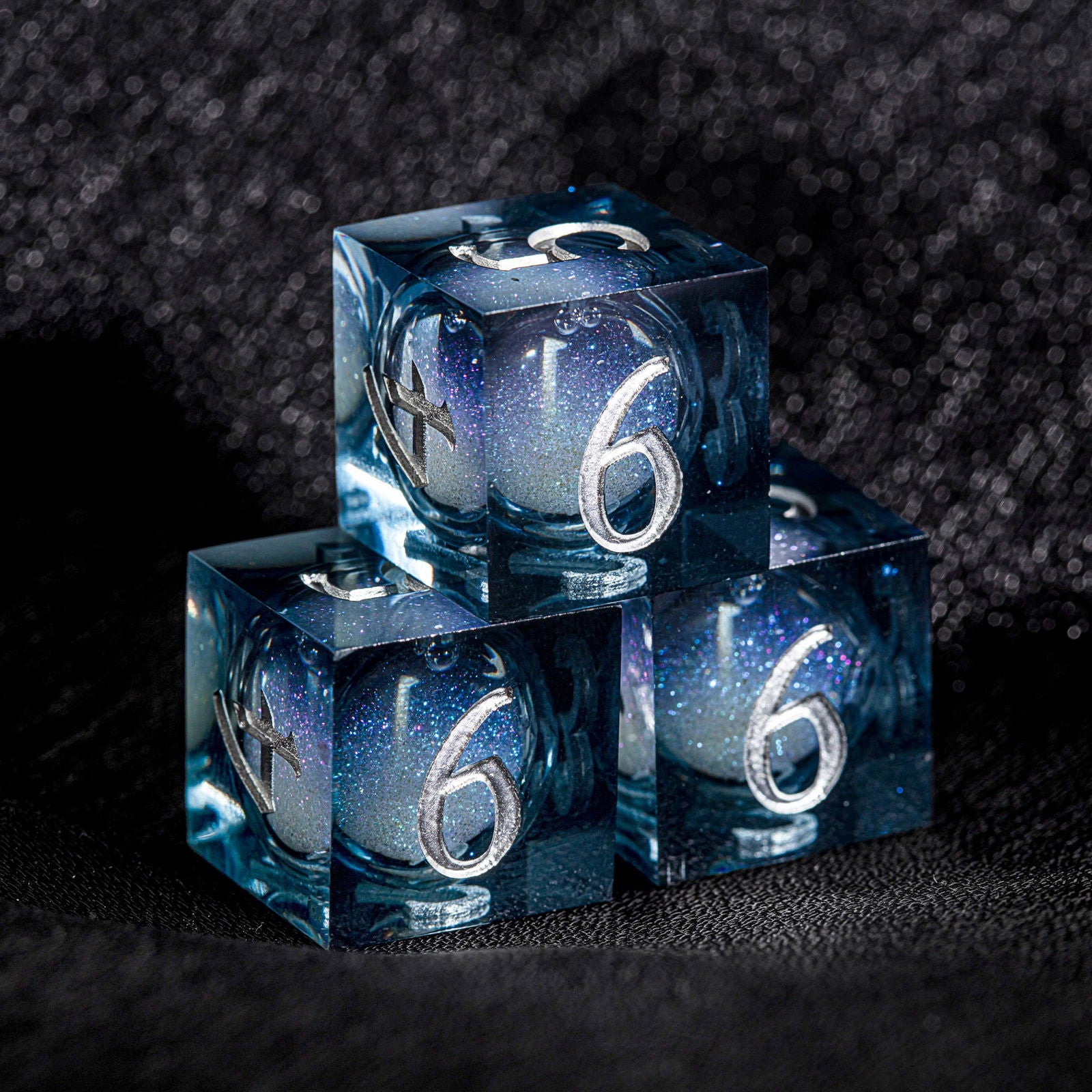 Dark Blue Liquid Core Resin Galaxy Dice Moon DnD D&D Dice Set - CrystalMaggie