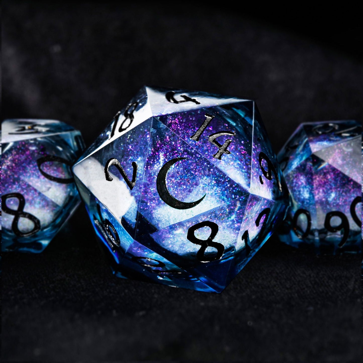 Dark Blue Liquid Core Resin Galaxy Dice Moon DnD D&D Dice Set - CrystalMaggie