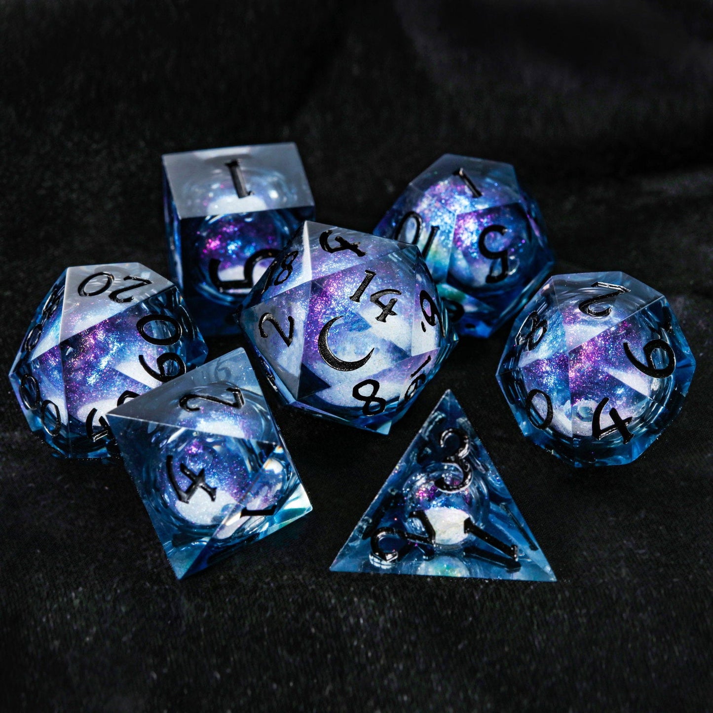 Dark Blue Liquid Core Resin Galaxy Dice Moon DnD D&D Dice Set - CrystalMaggie