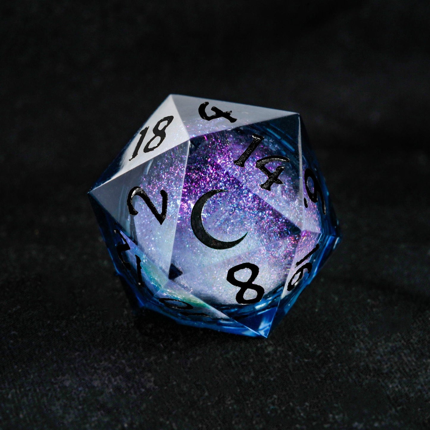 Dark Blue Liquid Core Resin Galaxy Dice Moon DnD D&D Dice Set - CrystalMaggie