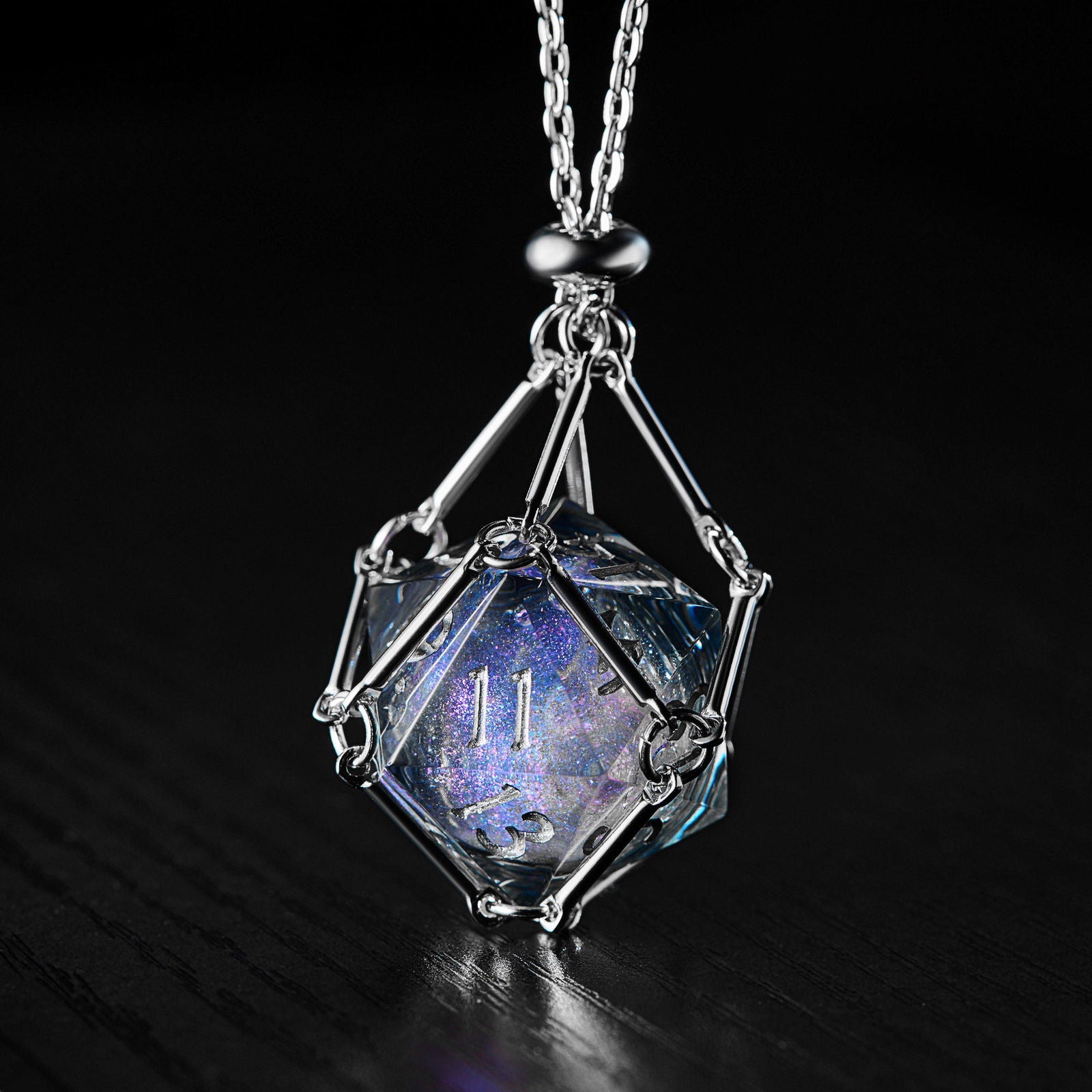 Dark Blue Liquid Core Resin Galaxy DnD D&D Dice D20 Necklace - CrystalMaggie