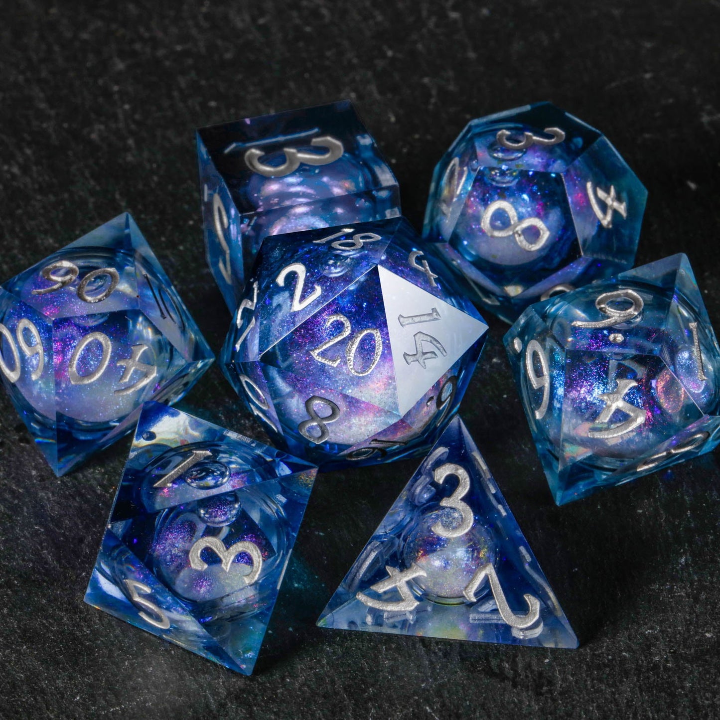 Dark Blue Liquid Core Resin Galaxy DnD D&D Dice D20 Necklace - CrystalMaggie