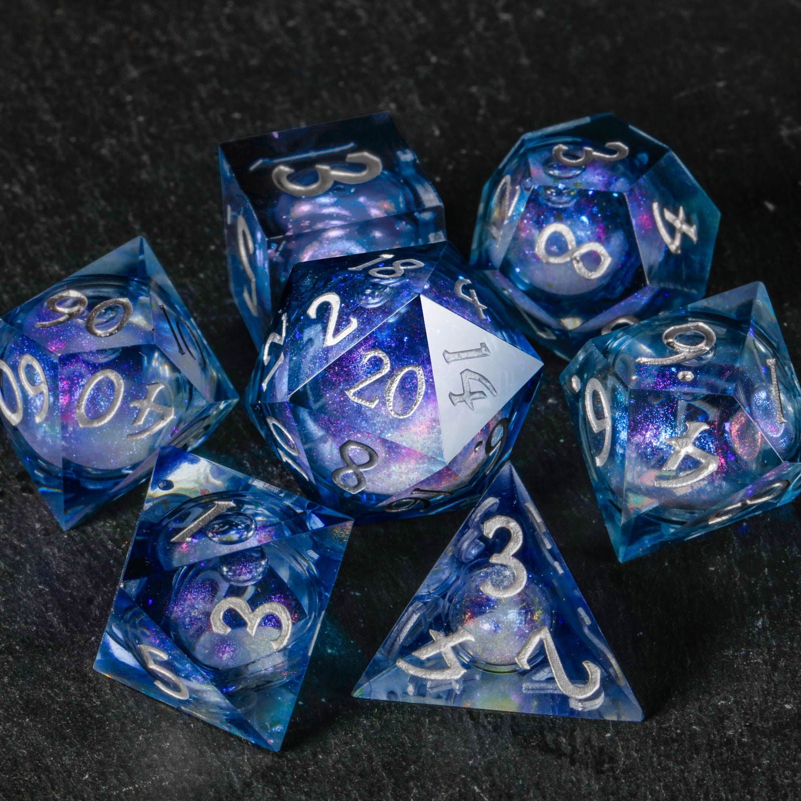 Dark Blue Liquid Core Resin Galaxy DnD D&D Dice Set - CrystalMaggie